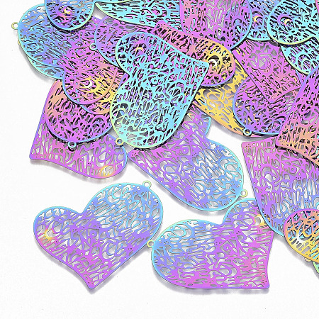 Nbeads  201 Stainless Steel Filigree Pendants, Etched Metal Embellishments, Heart, Multi-color, 31x39x0.3mm, Hole: 1.4mm