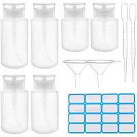 BENECREAT 6 Pack 100ml/160ml/180ml Push Down Empty Bottle Pump Liquid Dispenser Bottles for Makeup Remover, Alcohol Nail Polish with Droppers, Hoppers and Labels