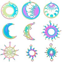 SUPERFINDINGS 9pcs 9 Style Sun Moon Star Colorful Stainless Steel Charms Sun Moon Star Links Connectors Rainbow Color Etched Metal Embellishments Hollow Metal Charms for DIY Crafting Jewelry Making