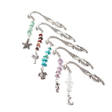 Honeyhandy Alloy Mermaid Bookmarks, Pendant Bookmarks, Gemstone Chip Beaded Bookmarks, Mixed Shapes, 84x23x2mm