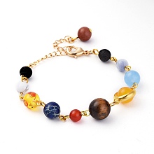 Honeyhandy Universe Galaxy The Nine Planets Guardian Star, Natural Mixed Gemstone Beads Bracelets, with Brass Findings, 6-1/8 inch(15.4cm)