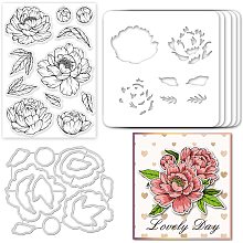 GLOBLELAND Peony Cut Dies & Clear Stamp & Painting Stencils Flowers Embossing Template Silicone Stamp Hollow Painting Stencil Set for Scrapbooking Card Making DIY Decoration