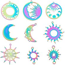 SUPERFINDINGS 9pcs 9 Style Sun Moon Star Colorful Stainless Steel Charms Sun Moon Star Links Connectors Rainbow Color Etched Metal Embellishments Hollow Metal Charms for DIY Crafting Jewelry Making