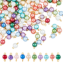 HOBBIESAY 150Pcs 5 Colors Glass Imitation Pearl Connector Charms, with Golden Plated Double Iron Loops, Round Links, Mixed Color, 14x7.5mm, Hole: 1.8mm and 2.5mm, 30pc/color