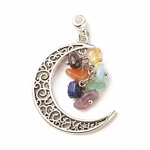 Honeyhandy Natural Mixed Stone Pendants, Natural Garnet & Red Aventurine & Green Aventurine & Amethyst & Citrine & Aquamarine & Lapis Lazuli, with Antique Silver tone Alloy Findings, Moon, 40x30x1.8mm, Hole: 1.5mm