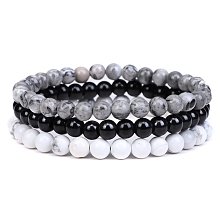 Honeyhandy 3Pcs 3 Style Natural Map Stone & Black Agate & Howlite Round Beaded Stretch Bracelets Set, Gemstone Stackable Bracelets for Woman, Wide: 6mm, 7-1/4~7-1/2 inch(18.5~19cm), 1Pc/style