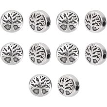 DICOSMETIC 10pcs 10mm Flat Round with Tree of Life Beads 304 Stainless Steel Round Beads Metal Spacer Beads for Jewelry Making,Hole:2mm