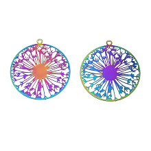 Honeyhandy Ion Plating(IP) 201 Stainless Steel Filigree Pendants, Etched Metal Embellishments, Dandelion, Rainbow Color, 27x25x0.2mm, Hole: 1.4mm