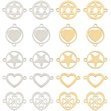 SUNNYCLUE 1 Box 20Pcs 5 Styles Stainless Steel Connectors Charms Hollow Star Heart Flat Round Clover Links Pendants with Double Loops for Crafts Making Supplies, Golden Silver