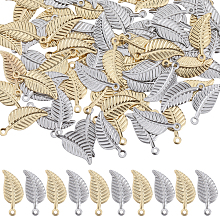 SUNNYCLUE 100Pcs 2 Colors 304 Stainless Steel Charms, Leaf, Golden & Stainless Steel Color, 14~14.x6x0.5mm, Hole: 0.8~1.2mm,  50pcs/color