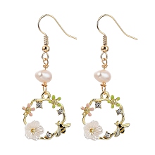 Honeyhandy Dangle Earrings, with Brass Earring Hooks, Natural Pearl Beads, Alloy Enamel Pendants, Acrylic and Rhinestone, Ring with Flower and Bee, Golden, Colorful, 50mm, Pin: 0.6mm