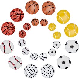 SUNNYCLUE 1 Box 24Pcs 12 Styles Resin Cabochon Flatback Mini Football Basketball Volleyball Tennis Sport Theme Half Round Cabochons for DIY Scrapbooking Decorations Crafts Making Supplies