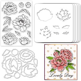 GLOBLELAND Peony Cut Dies & Clear Stamp & Painting Stencils Flowers Embossing Template Silicone Stamp Hollow Painting Stencil Set for Scrapbooking Card Making DIY Decoration