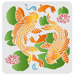 FINGERINSPIRE Koi in Lotus Pond Stencils 30x30cm Fancy Carps Drawing Painting Stencils Koi Leaping Lotus Leaf Pattern Wall Stencils Washable Mylar DIY Art Craft for Painting on Wood, Floor, Wall