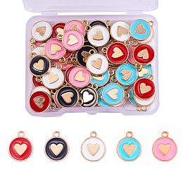 Honeyhandy 50Pcs 5 Colors Alloy Enamel Charms, Light Gold, Flat Round with Heart, Mixed Color, 14x11.5x2mm, Hole: 1.6mm, 10pcs/color