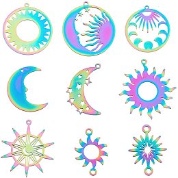 SUPERFINDINGS 9pcs 9 Style Sun Moon Star Colorful Stainless Steel Charms Sun Moon Star Links Connectors Rainbow Color Etched Metal Embellishments Hollow Metal Charms for DIY Crafting Jewelry Making