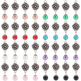 PandaHall Elite 32pcs Flower Charms with Pearls Tibetan Style Flower Pendants Antique Silver Flower Pendants with Pearls Colorful Flower Beads for Jewelry Making Necklace Earrings Keychains