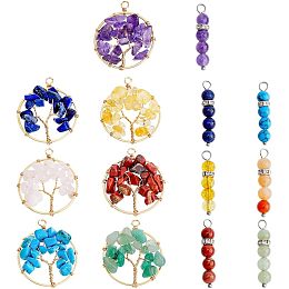 SUPERFINDINGS 14pcs 2 Style Chakra Gemstones Pendant Copper Wire Wrapped Flat Round Charm with Tree of Life Brass Crystal Rhinestones Pendants for Necklace Jewelry Making