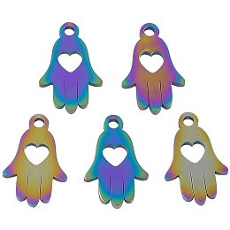 UNICRAFTALE 5pcs Hamsa Hand with Heart Charms Multi-Color Flat Charms Stainless Steel Pendants Charms for Necklace Bracelet Jewelry Making 15x9.5x1mm, Hole 1.5mm