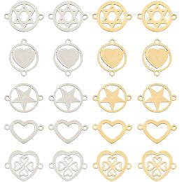 SUNNYCLUE 1 Box 20Pcs 5 Styles Stainless Steel Connectors Charms Hollow Star Heart Flat Round Clover Links Pendants with Double Loops for Crafts Making Supplies, Golden Silver