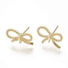 Honeyhandy Brass Stud Earrings, with Loop, Bowknot, Real 18K Gold Plated, 14x9mm, Hole: 1mm, pin: 0.7mm