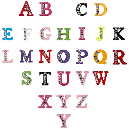 NBEADS Rhinestone Slide Letter Charms, Alloy Intial Letter Beads, Spray Painted, Letter A~Z, 11.5~12x6~13.5x4.5mm; 52pcs/box