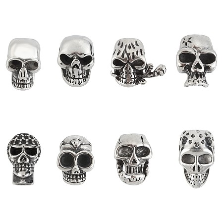 UNICRAFTALE 16Pcs 8 Styles 304 Stainless Steel Skull Cord End Caps Skull Beads for Jewelry Making Head Gothic Biker Beads for Men or Women Antique Silver Hole 2-6 mm