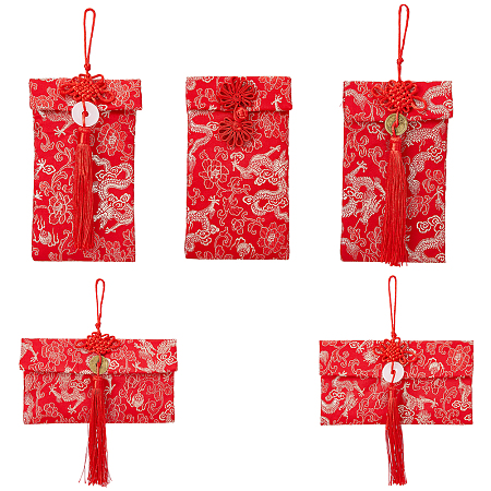 SUPERFINDINGS 5Pcs 5 Styles Rectangle Brocade DIY Craft Bag with Tassel Red Floral Embroidered Bag Small Flower Change Coin Sachets for Wedding Chinese New Year Festival Party