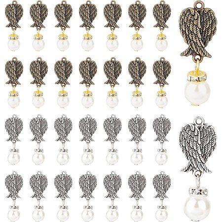 PandaHall Elite 60pcs Angel Wing Pendants, 2 Colors Guardian Angel Wings Pendants Tibetan Angel Dangle Charms with Pearl Beads Rhinestone for Necklace Bracelet Keychain Jewelry Making