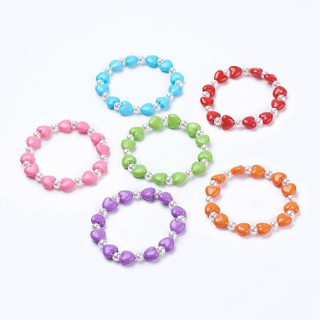 Honeyhandy Kids Stretch Bracelets, with Colorful Acrylic Beads and Acrylic Imitation Pearl, Heart, Mixed Color, 2 inch(5.1cm)