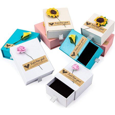 BENECREAT 8 Packs 4 Colors Kraft Cardboard Paper Box Drawer Box with Paper Flower and Stickers for Jewelry Gift Packing and Wrapping (White, Pink, Blue, Cream)