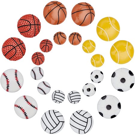 SUNNYCLUE 1 Box 24Pcs 12 Styles Resin Cabochon Flatback Mini Football Basketball Volleyball Tennis Sport Theme Half Round Cabochons for DIY Scrapbooking Decorations Crafts Making Supplies