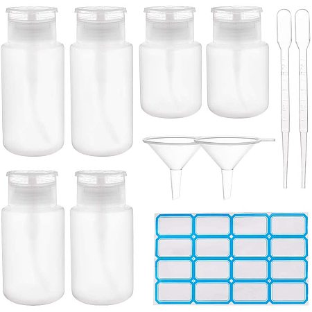 BENECREAT 6 Pack 100ml/160ml/180ml Push Down Empty Bottle Pump Liquid Dispenser Bottles for Makeup Remover, Alcohol Nail Polish with Droppers, Hoppers and Labels