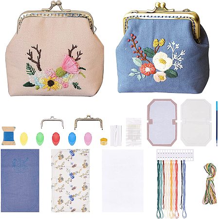 CHGCRAFT 2Sets 15x23cm Embroidery Coin Purse Kits for Beginners DIY Handmade Floral Pattern Bags Purse Wallet Canvas Accessories with All Supplies for Womens Woman Handmade Sewing Craft Tool