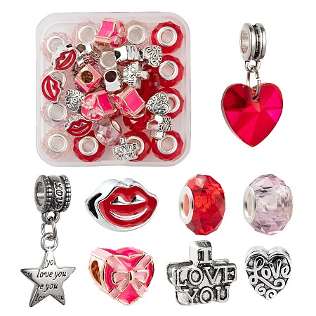 Arricraft DIY Valentine's Day Themed Jewelry Making Kits, Including 16Pcs Handmade Glass European Beads, 16Pcs Alloy European Beads and 4Pcs Alloy European Dangle Charms, Rondelle & Heart & Lip & Word & Star, Mixed Color, 36pcs/box