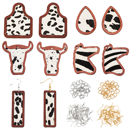 OLYCRAFT 10Pcs Cow Print Earrings Cow Leather Leopard Wood Earring Pendant Rectangle Teardrop Horse Bottle Cow Drop Earrings Making Kit with 40pcs Hooks and 40pcs Jump Rings for Earring Jewelry Making