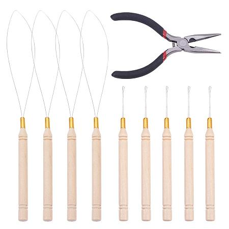 PH PandaHall Hair Extension Kit - 10 Pack Wooden Hair Extension Loop Needle Threader with 1 piece Wire-Cutter Pliers for Hair or Feather Extensions (Loop Tools/Hooks/Pliers)