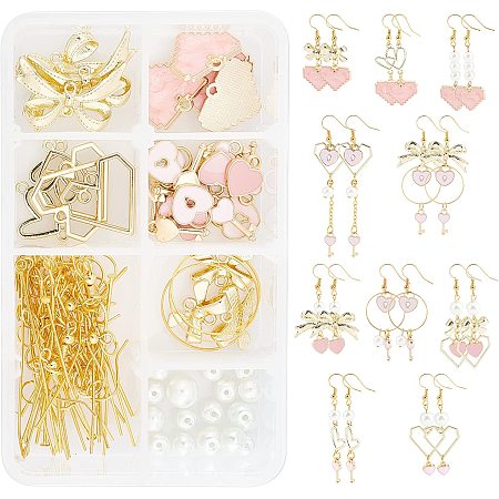SUNNYCLUE 1 Box Make 10 Pairs Pink Heart Dangles Earring Making Kit Heart Pendants Charms Glass Pearl Beads with Earring Hooks for Women Beginners DIY Jewelry Making, Golden