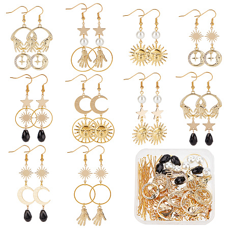 SUNNYCLUE DIY Sun Moon Star Earring Making Kit, Including Brass Link Connectors and Brass & Alloy Pendants & Link Connectors, Glass Pearl Beads, Brass Earring Hooks, Golden, 150Pcs/box