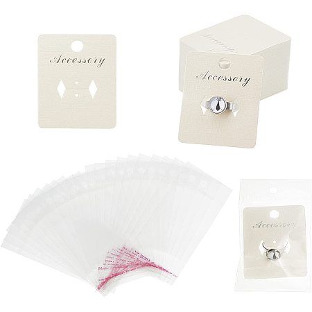 NBEADS 100 Pcs Ring Jewelry Display Cards, Paper Hanging Display Cards Rectangle Storage Cards with 100 Pcs Plastic OPP Cellophane Bags for Hanging Jewelry Display