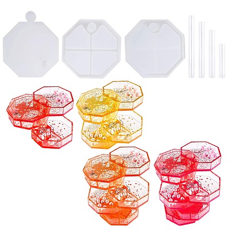 Honeyhandy DIY Layered Rotating Storage Box Silicone Mold Sets, Resin Casting Molds, for UV Resin, Epoxy Resin Jewelry Making, with Disposable Rubber Gloves & Plastic Sticks, White, 107~122x103~108x7~27.2mm, 3pcs/set