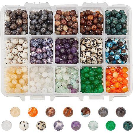 NBEADS 750 Pcs 15 Styles Natural Gemstone Beads, 6mm Mixed Stone Spacer Beads Natural Round Loose Beads Smooth Stone Beads for DIY Bracelet Necklaces Jewelry Making