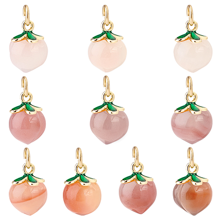 PandaHall Elite Natural Agate Charms, with Golden Tone Brass Findings & Green Enamel, Peach, Pale Violet Red, 14x10mm, Hole: 3.4mm, 10pcs/box