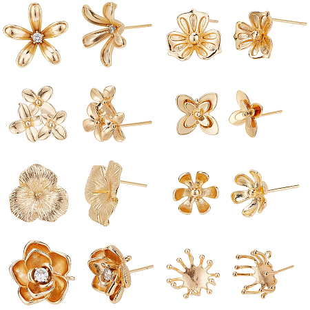 PandaHall Elite 8 Style Brass Stud Earring Findings, 16pcs Golden Flower Earrings 18K Gold Plated Earring Studs with 925 Sterling Silver Pins and Loop for Women Earrings Jewellery Making