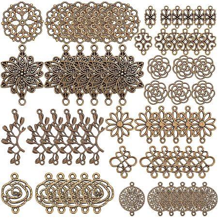 SUNNYCLUE 1 Box 60Pcs 10 Styles Flower Connector Charm Antique Bronze Hollow Filigree Floral Links Alloy Flat Round Leaf Knot Vintage Pendants for Jewelry Making Charms DIY Bracelets Findings