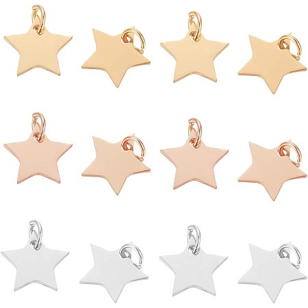 BENECREAT 30Pcs 3 Mixed Colors 304 Stainless Steel Star Charms Flat Dangle Mini Pendants (12x11mm) for Jewelry Making DIY Necklace Bracelet