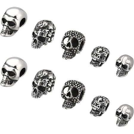 DICOSMETIC 10pcs 5 Styles 304 Stainless Steel Antique Silver Skull Beads Metal Skeleton Beads Large Hole Beads Skull Spacer Beads for Necklace Bracelet Jewelry Making