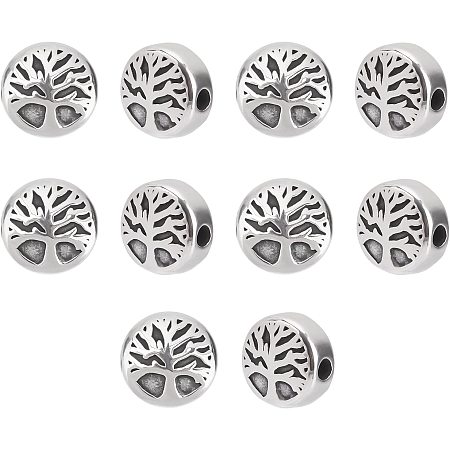 DICOSMETIC 10pcs 10mm Flat Round with Tree of Life Beads 304 Stainless Steel Round Beads Metal Spacer Beads for Jewelry Making,Hole:2mm