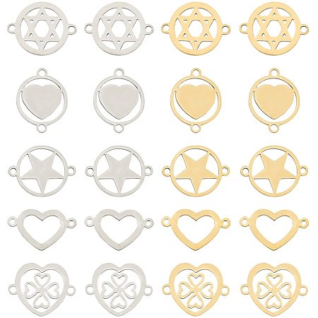 SUNNYCLUE 1 Box 20Pcs 5 Styles Stainless Steel Connectors Charms Hollow Star Heart Flat Round Clover Links Pendants with Double Loops for Crafts Making Supplies, Golden Silver