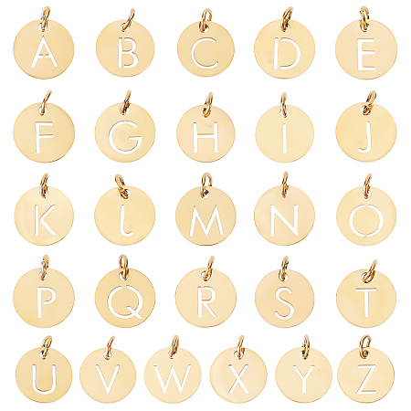 SUNNYCLUE 1 Box 26Pcs Alphabet Charms 304 Stainless Steel Letter Charms Gold Letter Charm Initial Letters A Z Hollow Flat Round Charm for Jewelry Making Charms DIY Bracelet Necklace Craft Women